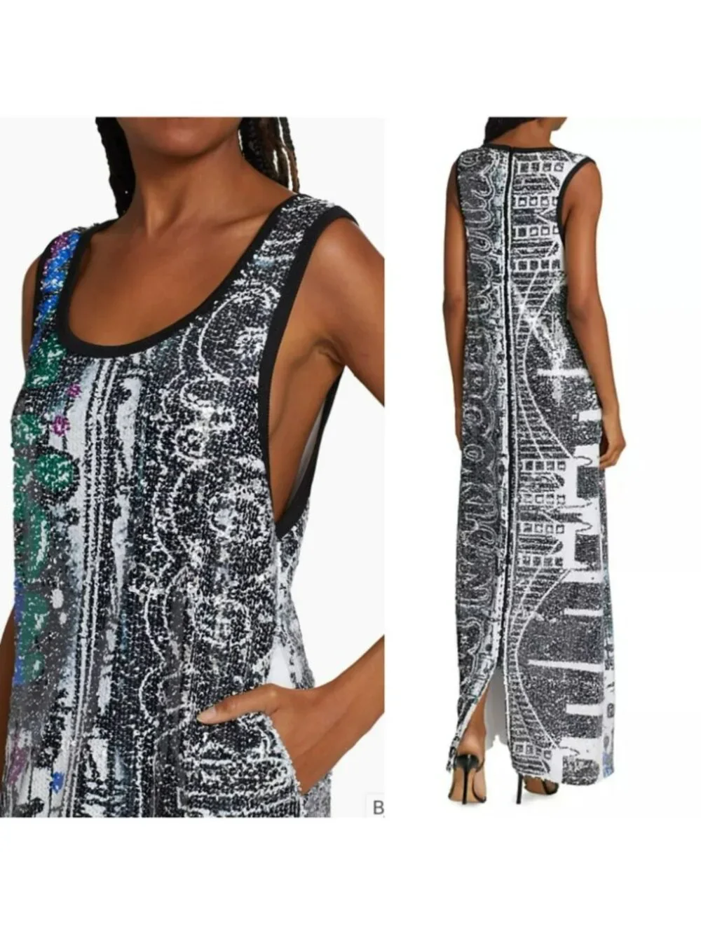 Kimberly Goldson $698 Dress Sequin Black White Brooklyn Graffiti Print Maxi - Picture 2 of 16